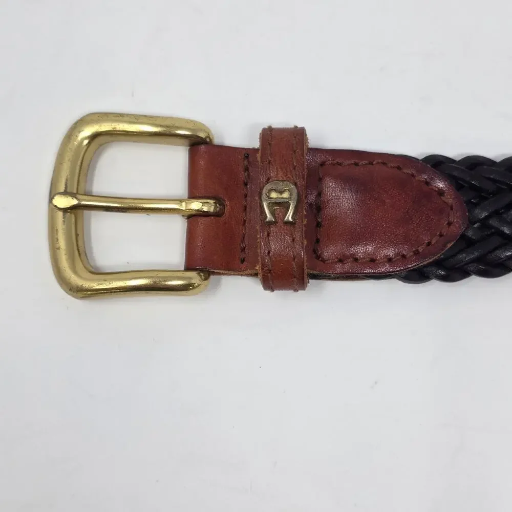 VTG Etienne Aigner Brown Woven Leather Belt Womens Medium Brass Buckle Logo